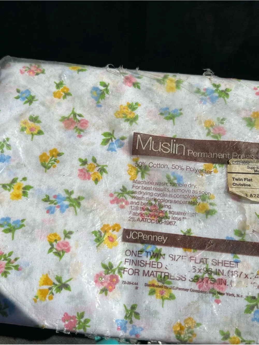 Vintage jcpenney White Floral Muslin Sheet with Yellow, Pink, Blue Flowers